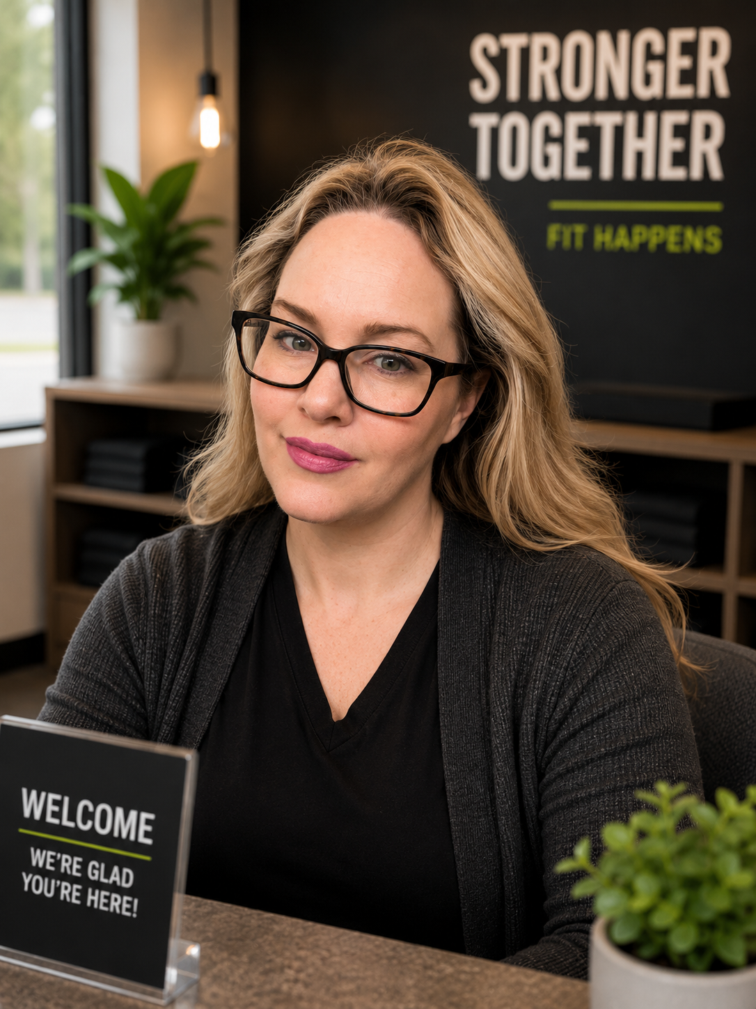 A woman with blonde hair, glasses, and a black top sitting at a reception desk with a sign that reads 'Welcome, we're glad you're here!' behind her is a black wall with the words 'Stronger Together, Fit Happen' and a shelf with black items, a window, and a potted plant.