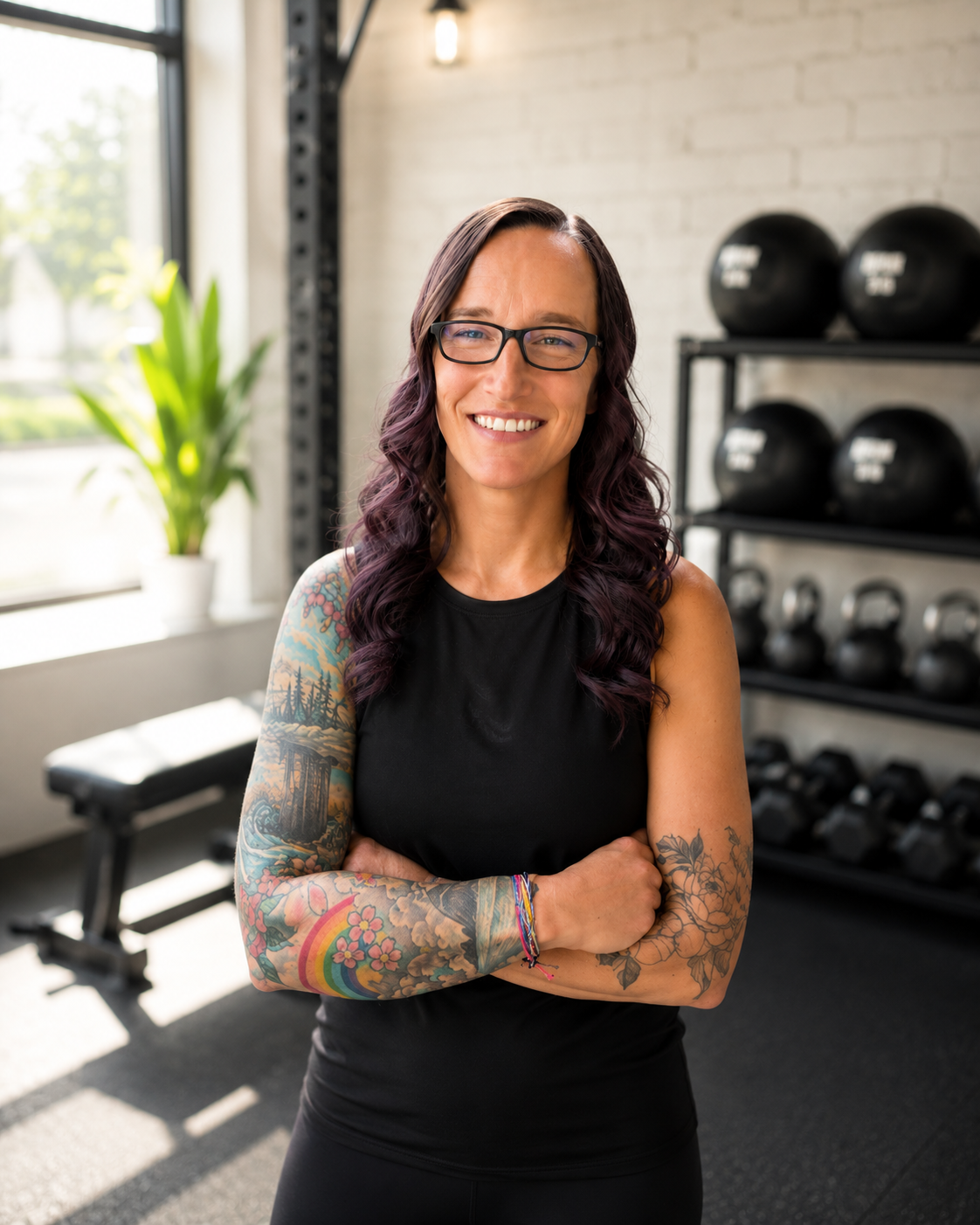 A smiling woman with long dark purple hair and glasses, standing with crossed arms in a gym, wearing a black workout tank top, with gym equipment including kettlebells and a weight bench behind her.