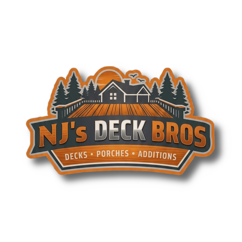 Logo for NJ's Deck Bros, featuring a house, trees, and a sunset, with the text 'Decks, Porches, Additions' and the company name 'NJ's Deck Bros'.