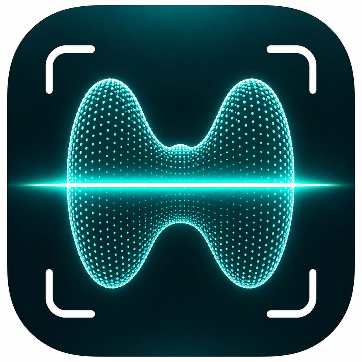 A digital illustration of an abstract, illuminated, blue 3D wave with a dotted surface, reflecting on a horizontal surface, inside a rounded square frame with white corner markers.