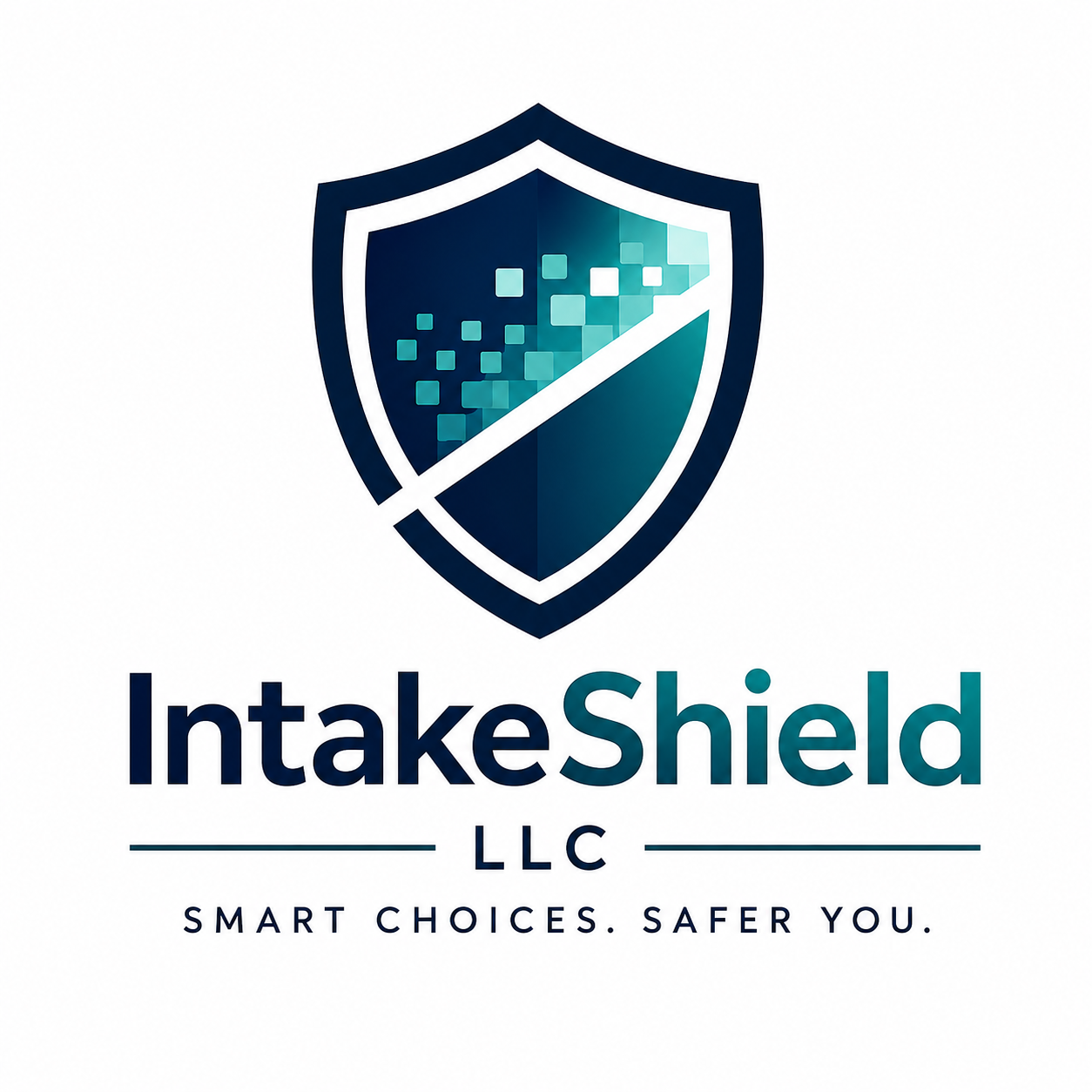 A logo for IntakeShield LLC featuring a shield with digital squares inside and the text "IntakeShield LLC" with the tagline "Smart choices. Safer you."