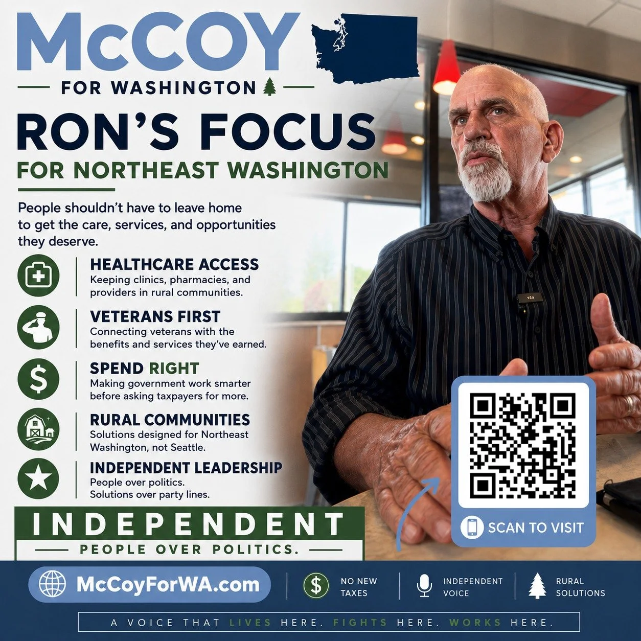 People shouldn't have to leave home to get the care, services, and opportunities they deserve. Ron McCoy is running for State Senate in Legislative District 7 as an Independent &mdash; focused on healthcare access, veterans, and making government wor
