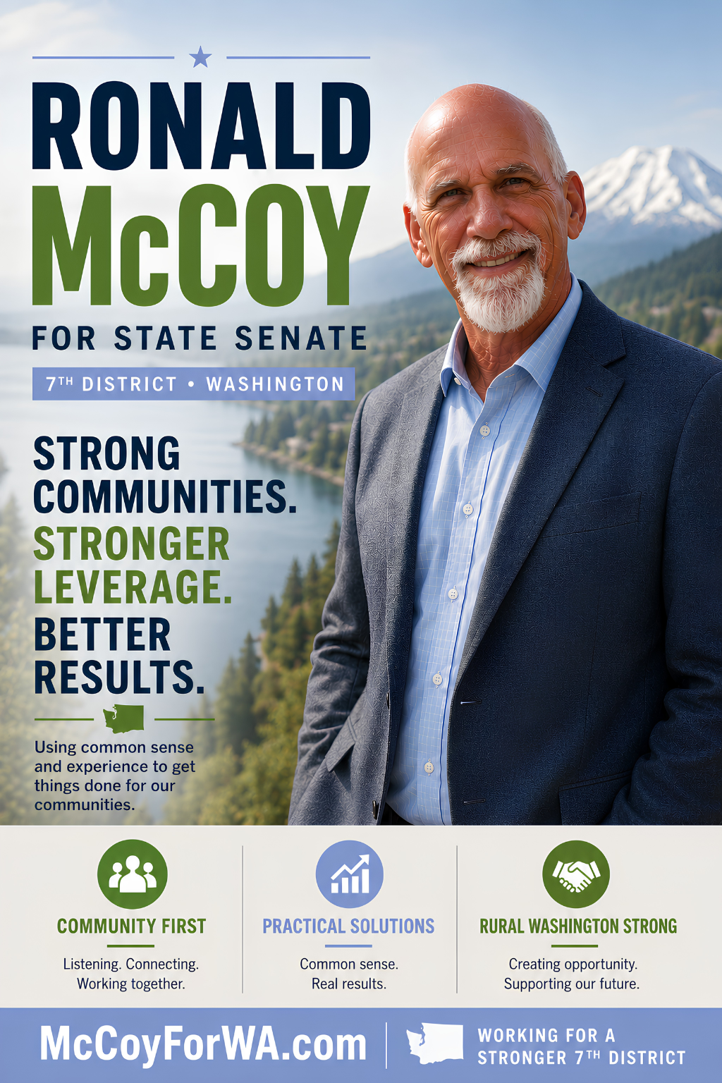 Campaign poster featuring a smiling man in a suit with a scenic mountain lake background, promoting Ronald McCoy for Washington State Senate, 7th District, emphasizing strong communities, practical solutions, and rural strength.