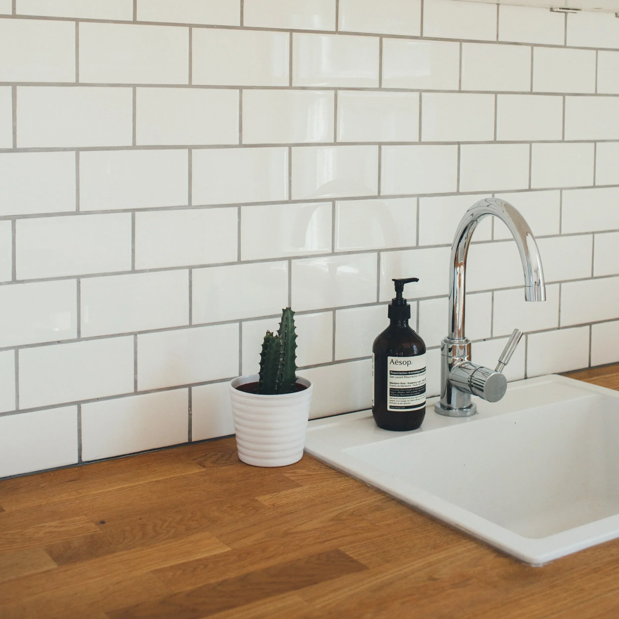 A kitchen sink area with a white tiled backsplash, a silver faucet, a soap dispenser labeled "Aesop," a plant in a white pot, and a wooden countertop.