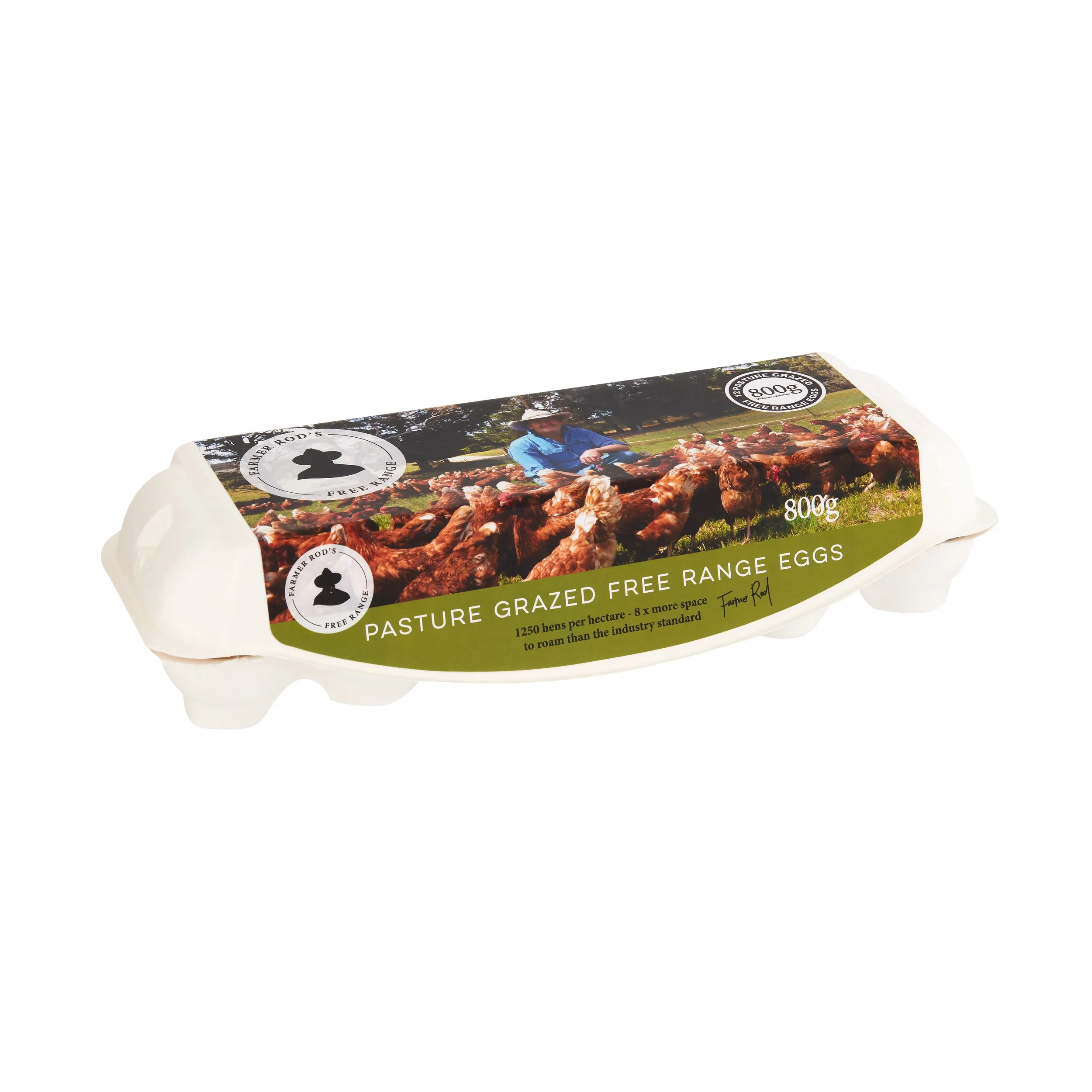 Close-up of a package of pasture grazed free-range eggs with a label showing a farmer in a field and a weight of 800 grams.