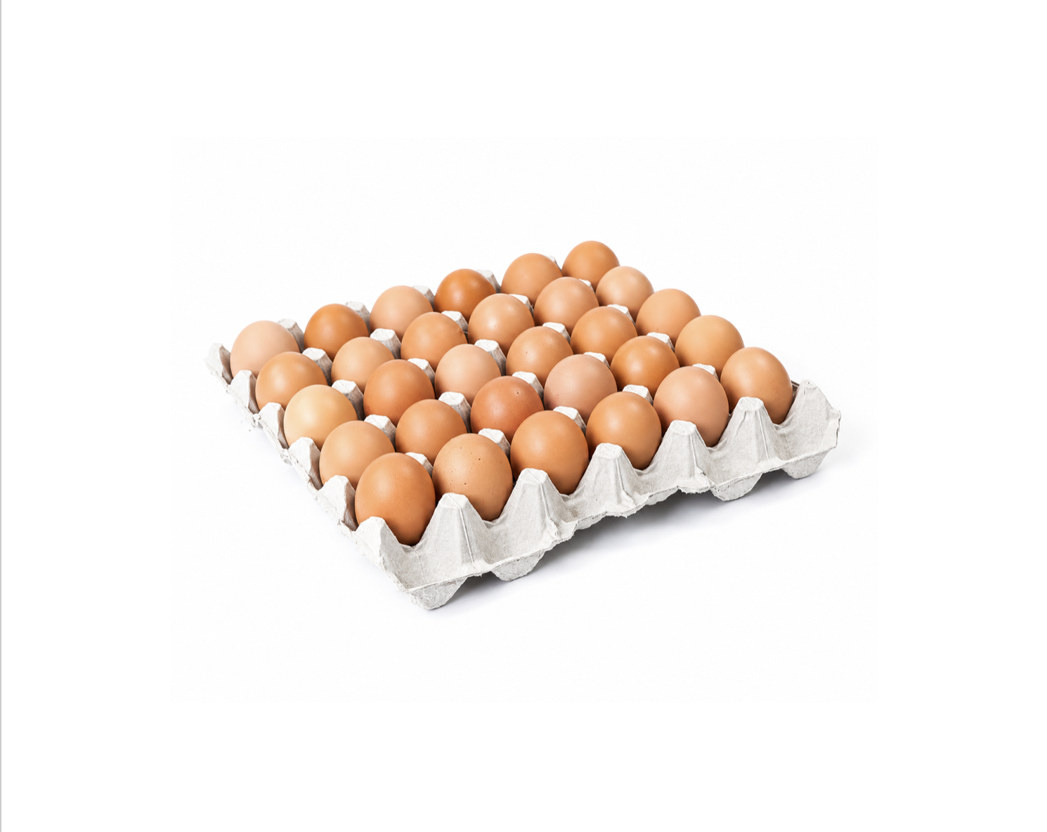 A carton of brown eggs arranged in neatly in rows on a white background.