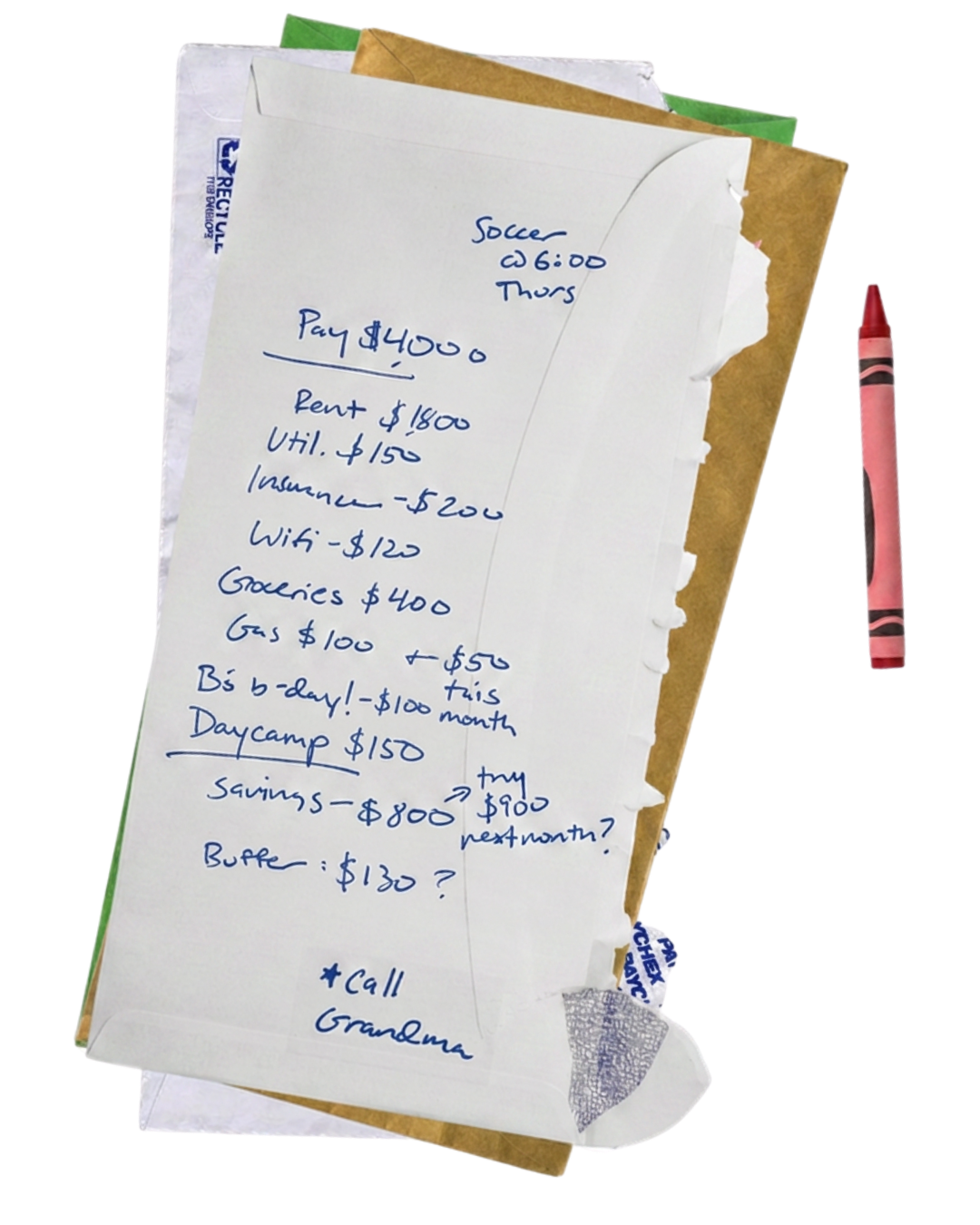 Handwritten budget list on a notepad with folder and pink pen beside it. Items include rent, utilities, insurance, groceries, gas, and savings, with notes about a call to grandma and asking for next month.
