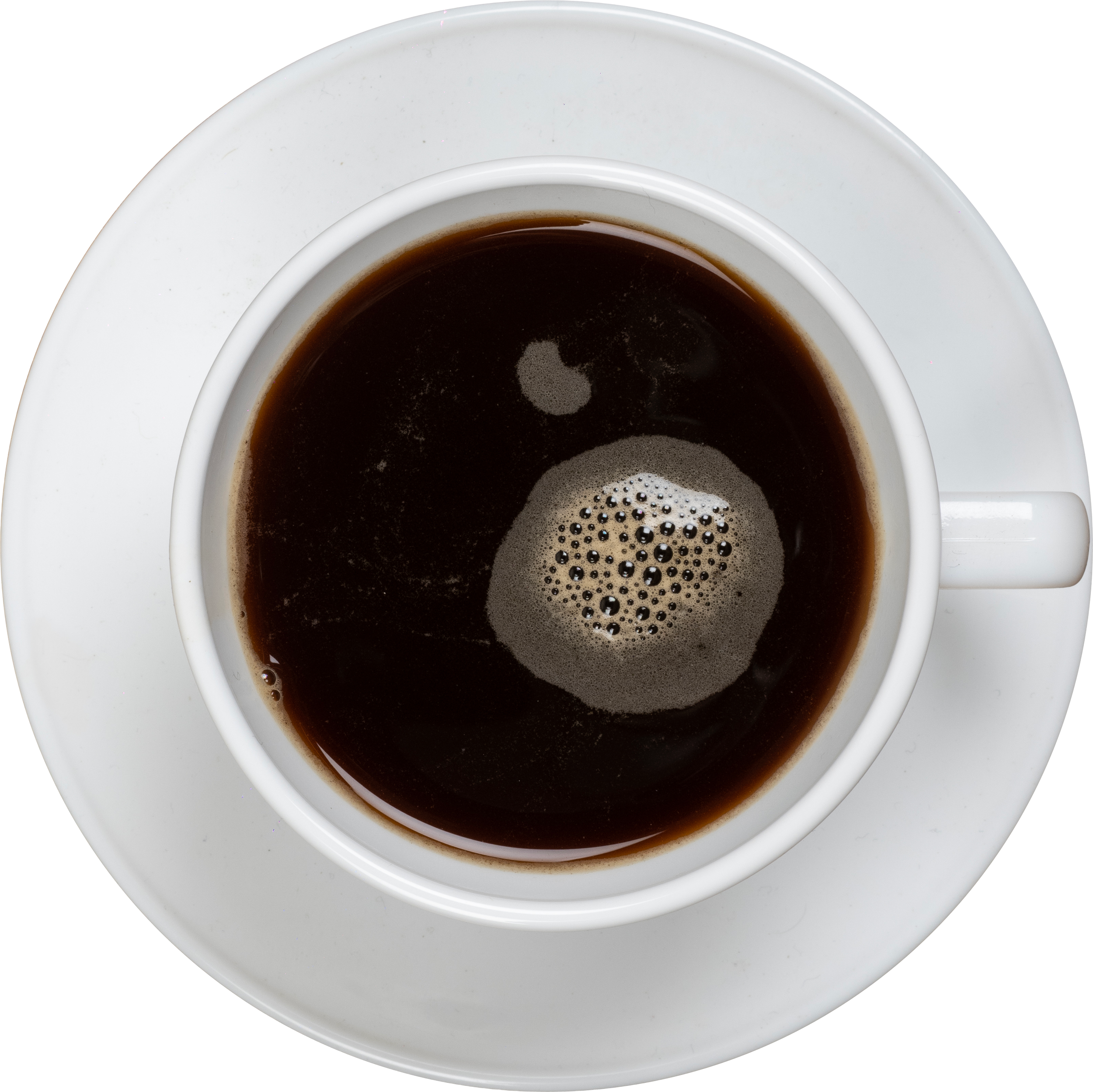 A white coffee cup filled with black coffee on a white saucer.