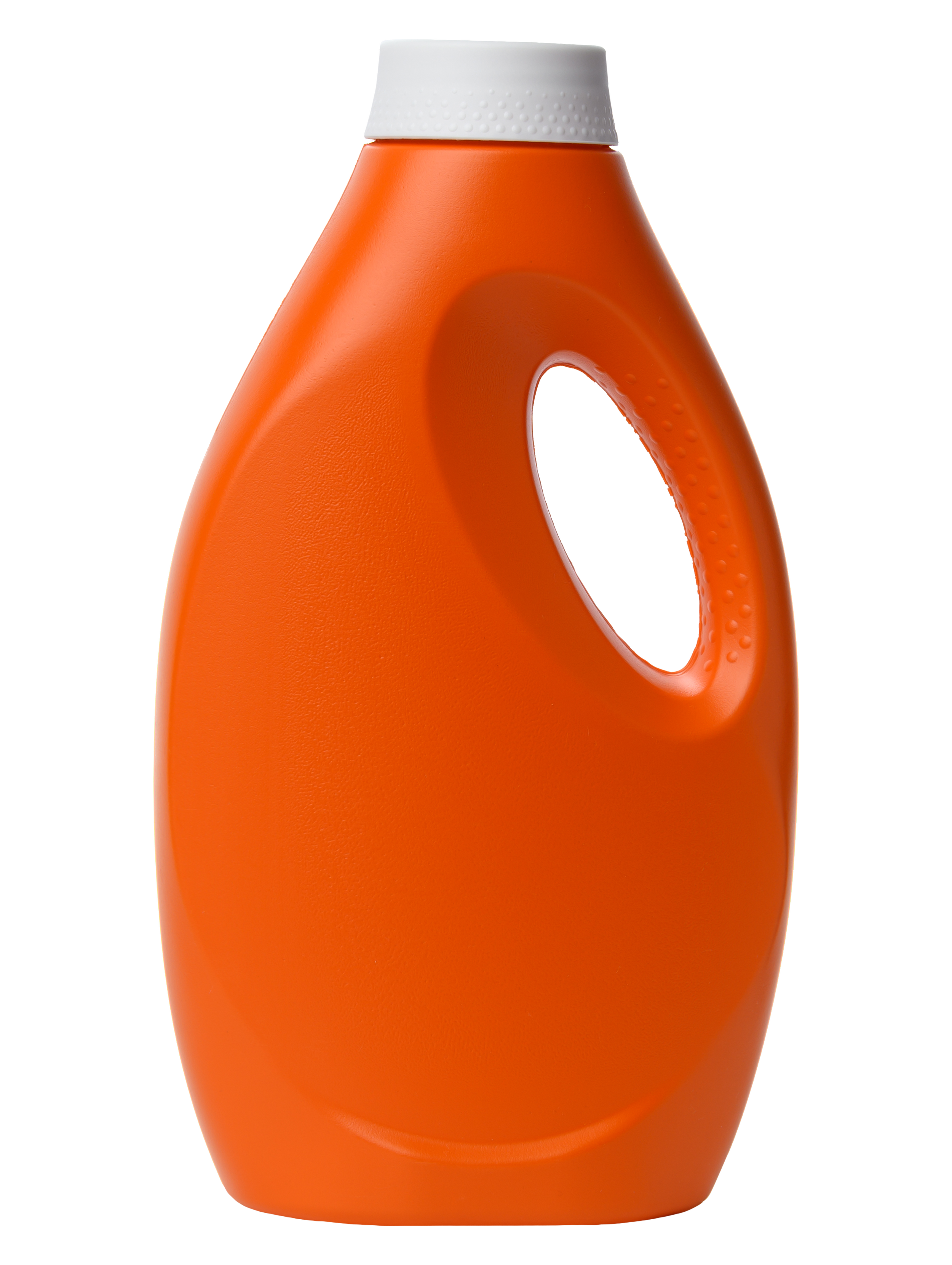 A close-up view of an orange plastic detergent bottle with a white cap and an ergonomic handle.