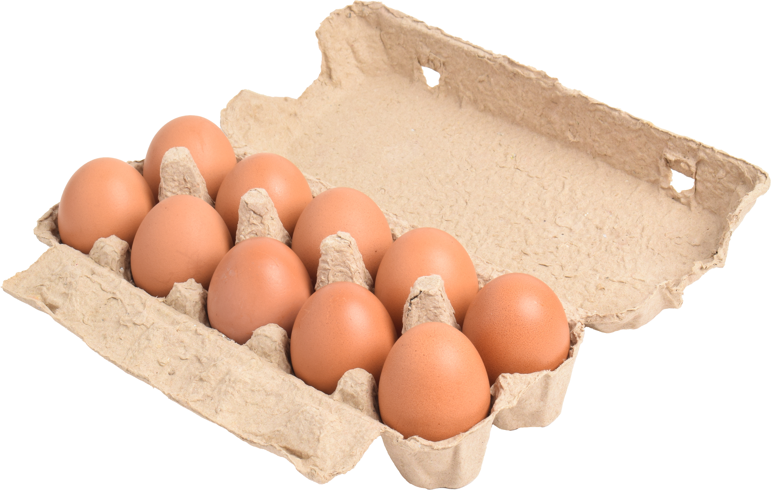 A cardboard egg carton holding nine brown eggs.