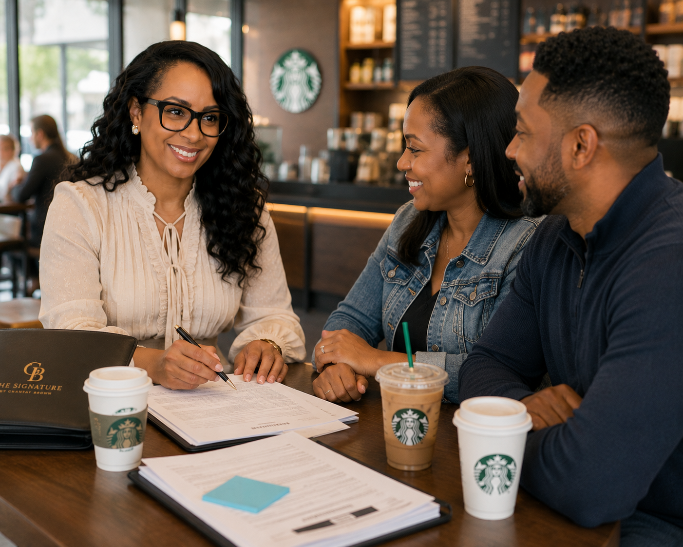 Three people sitting at a table in a Starbucks cafe, engaged in a discussion or meeting, with coffee cups and documents on the table.