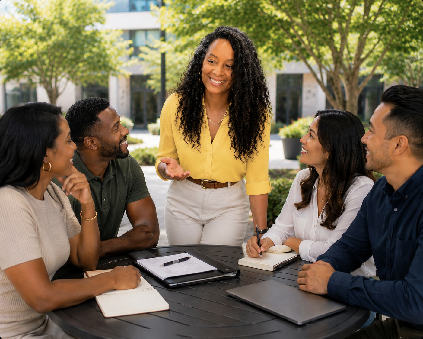 A woman in a yellow blouse standing and talking to a group of five people seated at a round outdoor table, with trees and a building in the background.