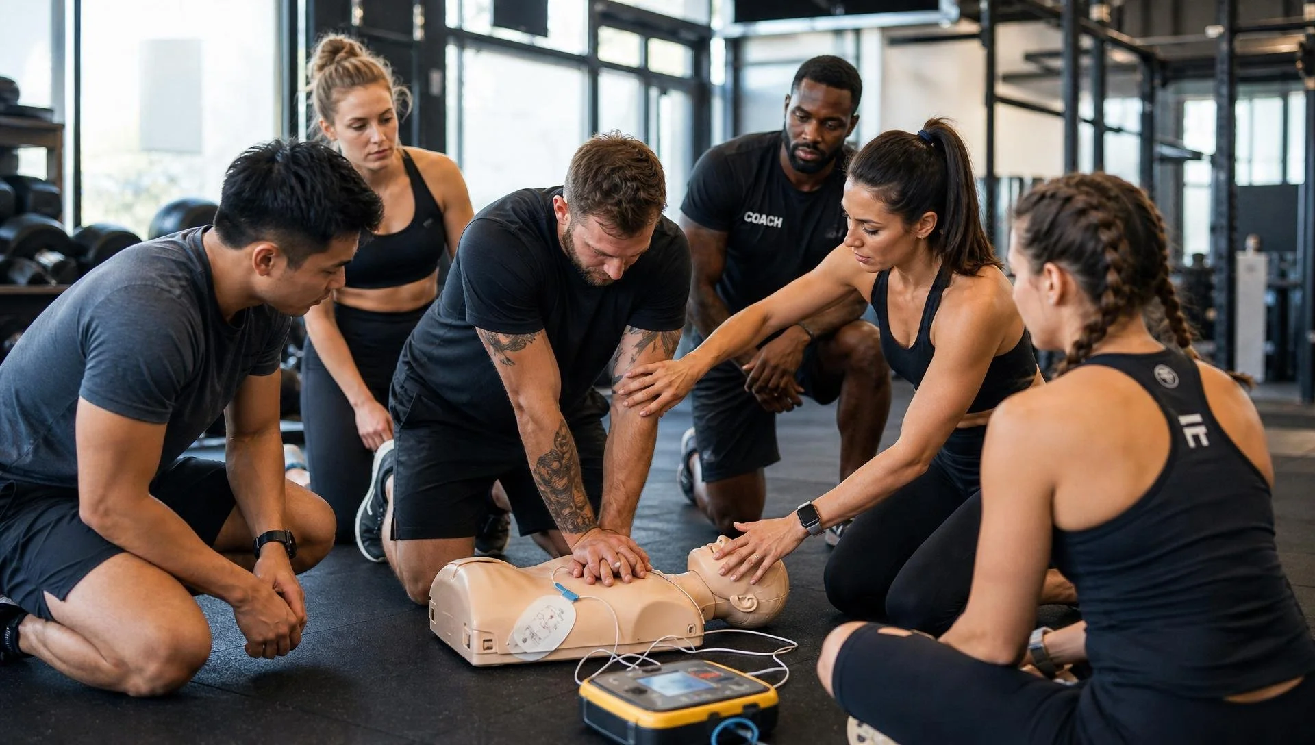 Group of people practicing CPR on a training mannequin in a gym, led by instructor.
