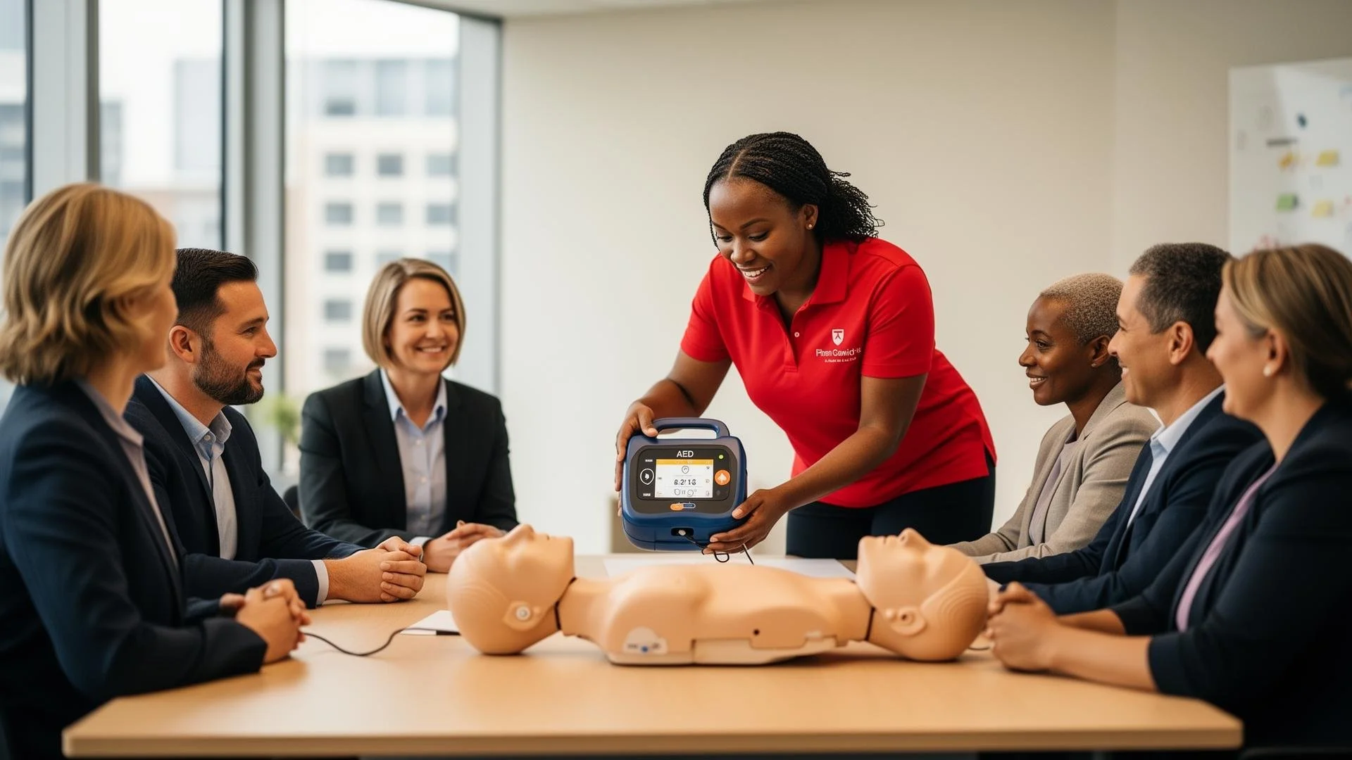 A woman in a red shirt demonstrating the use of an AED defibrillator on a medical mannequin, with five adults seated around the table observing the training session.