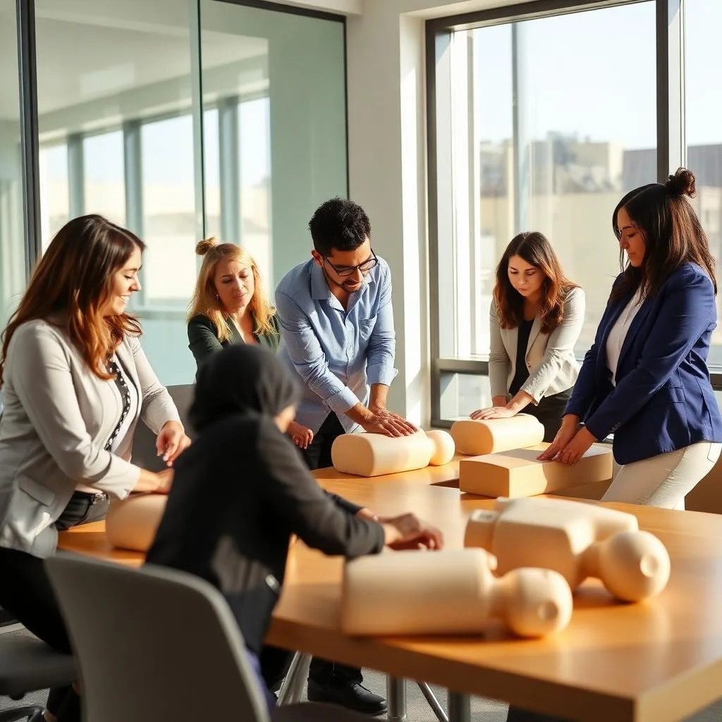 Group of six diverse business professionals in a meeting room with large windows, participating in a hands-on workshop using foam exercise equipment.