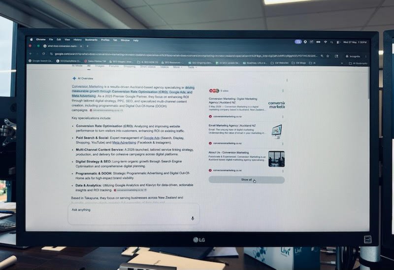 a computer screen showing Conversion Marketing as the top cited digital marketing company for Generative Engine Optimisation as something they specialise in