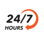 24/7 hours logo with black text and orange arrow inside a white circle