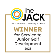 Award plaque with logo and text recognizing The Jack as the winner for service to Junior Golf Development in 2023.