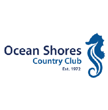 Logo for Ocean Shores Country Club featuring a blue seahorse and blue text.