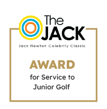 A black award plaque with gold and white lettering for The Jack Award, recognizing service to junior golf, featuring a target logo.