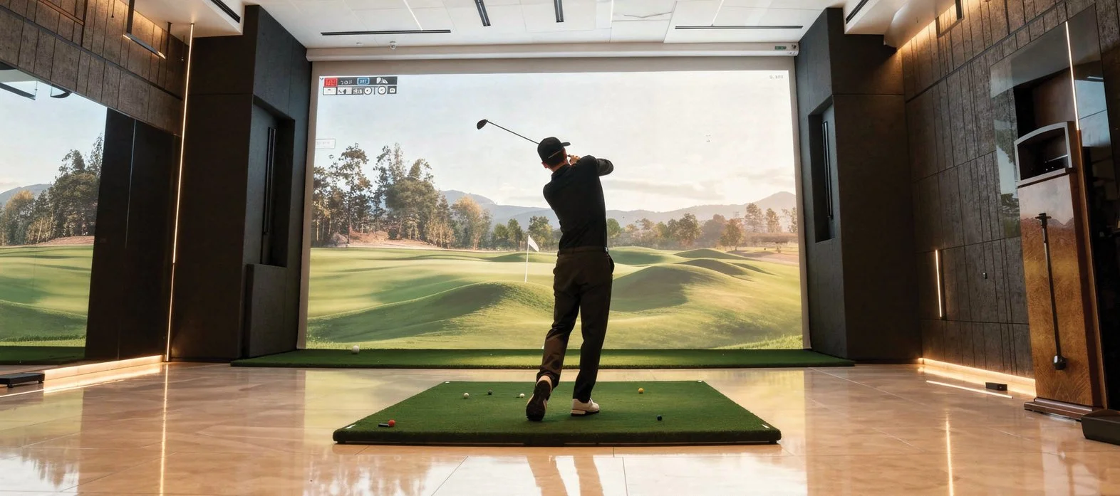 Indoor golf simulator with a man swinging a golf club at a virtual course.