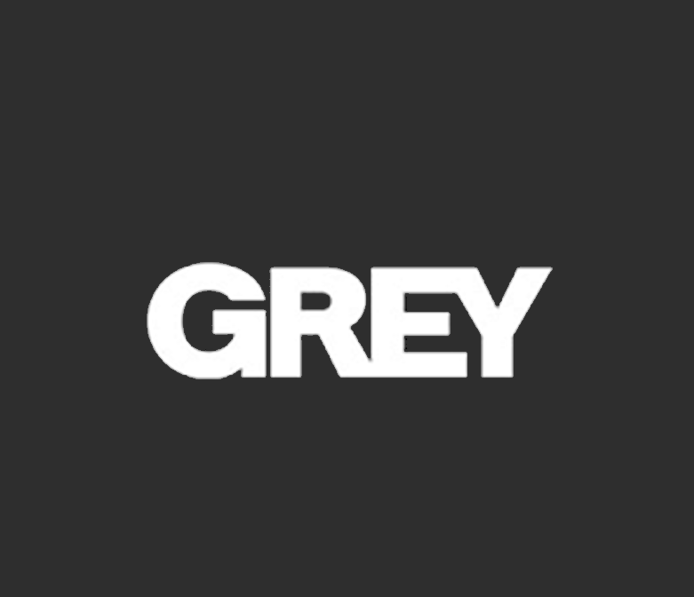 The word "GREY" in bold white text on a black background.