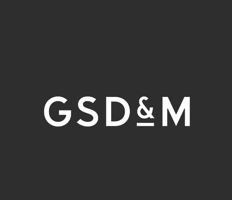 Logo with the text 'GSD & M' on a black background in white letters.