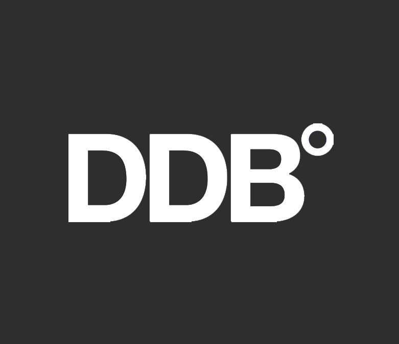 Logo with the letters 'DDB' in large white font on a black background, with a degree symbol next to the third letter.