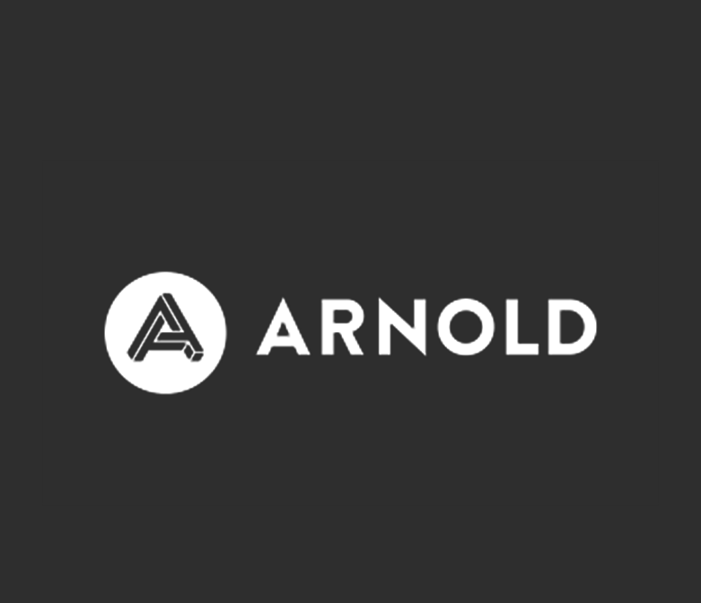Black background with white circular logo containing a stylized 'A' and the word 'ARNOLD' in bold white letters.