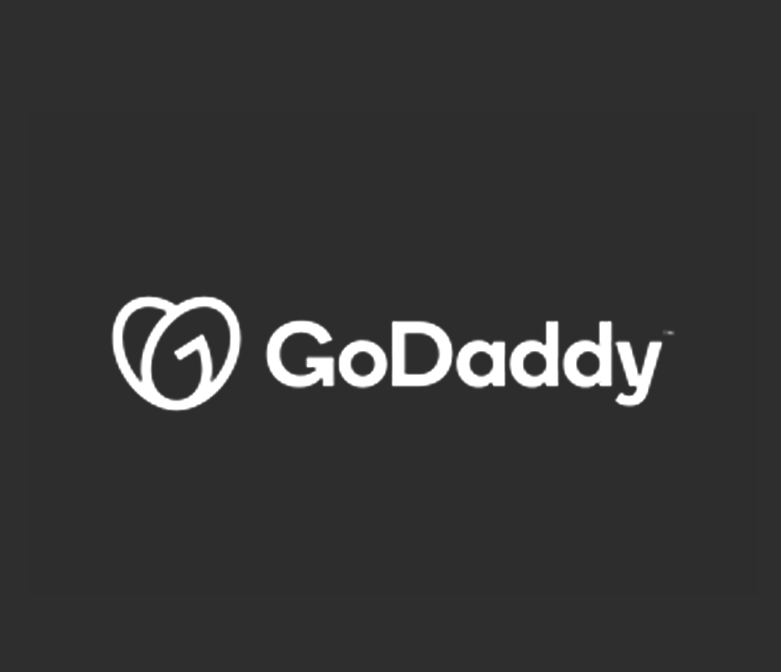 GoDaddy logo with a stylized 'G' inside a heart shape on black background.