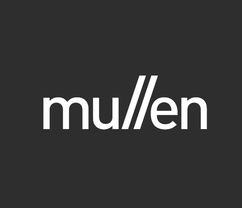 The word 'mullen' written in white lowercase letters on a black background, with a stylized slash replacing the 'e'.