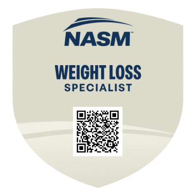 Business card or flyer for NASM Weight Loss Specialist with a QR code.