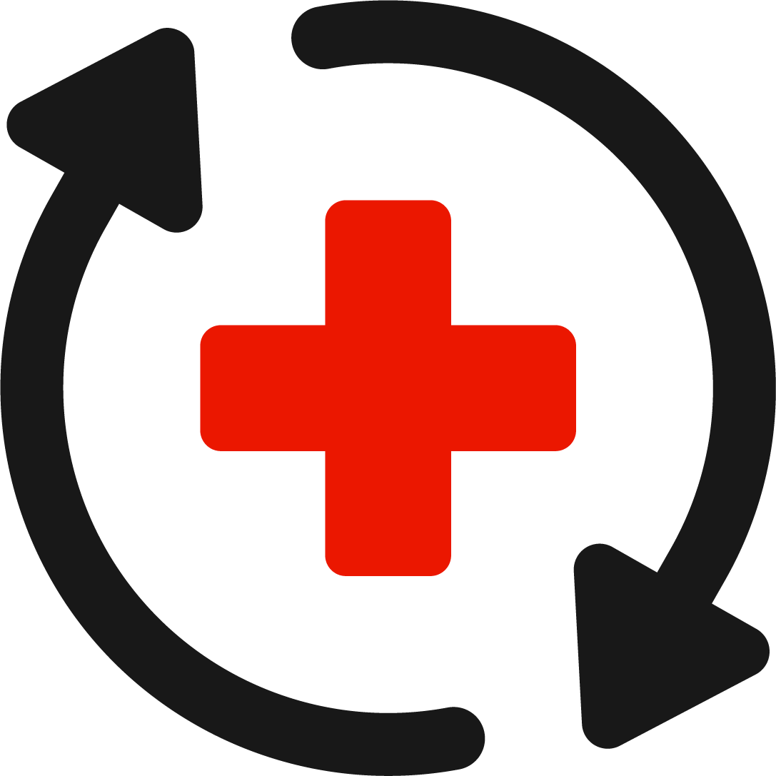 Medical cross symbol in red with circular arrows around it.