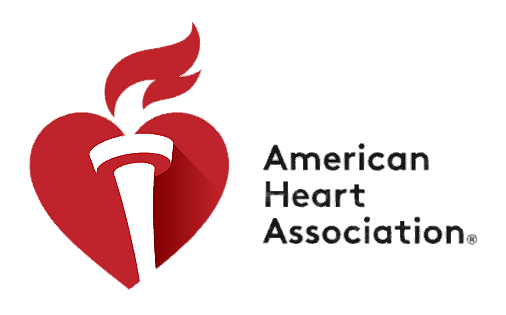 Logo of the American Heart Association featuring a red heart with a torch and flame, alongside the organization’s name.