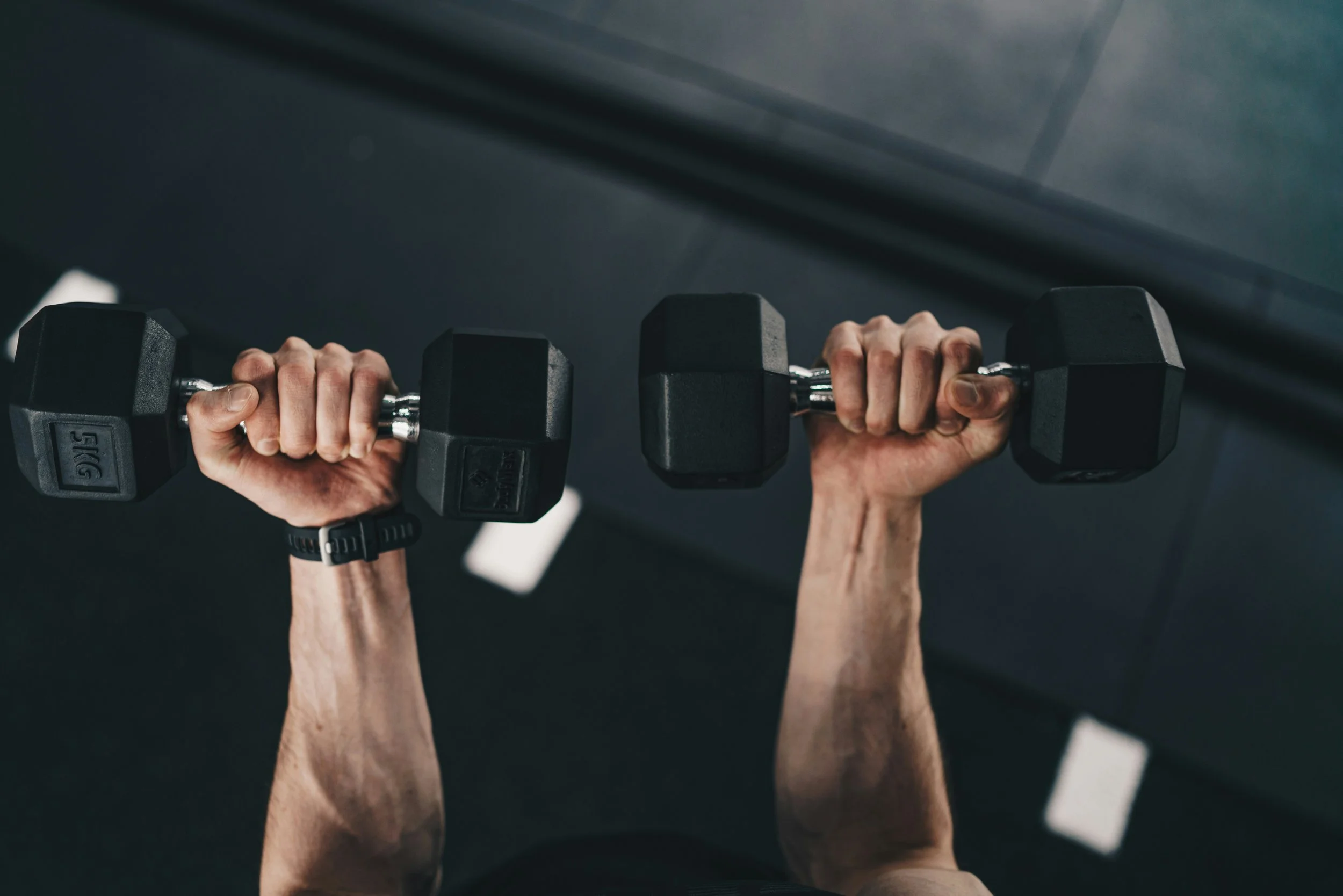 Person holding two black dumbbells with both hands in a workout setting.