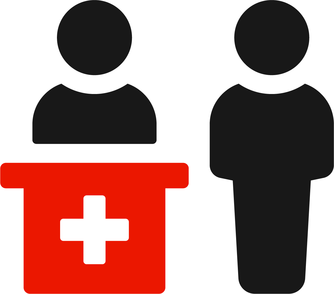 Icons representing a patient and a healthcare provider, with a red medical cross symbol.