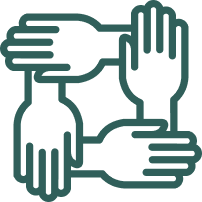 Four stylized hands arranged in a square, each touching the next, symbolizing unity and teamwork.