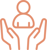 Outline of a person being held by two open hands.