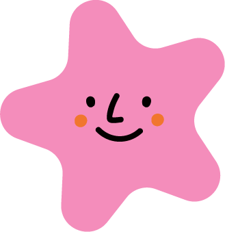 A pink starfish with a smiling face, black eyes, and orange cheeks.