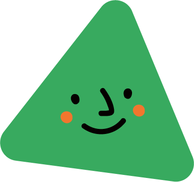 A green triangular character with a smiling face, black eyes, a nose, and rosy cheeks.