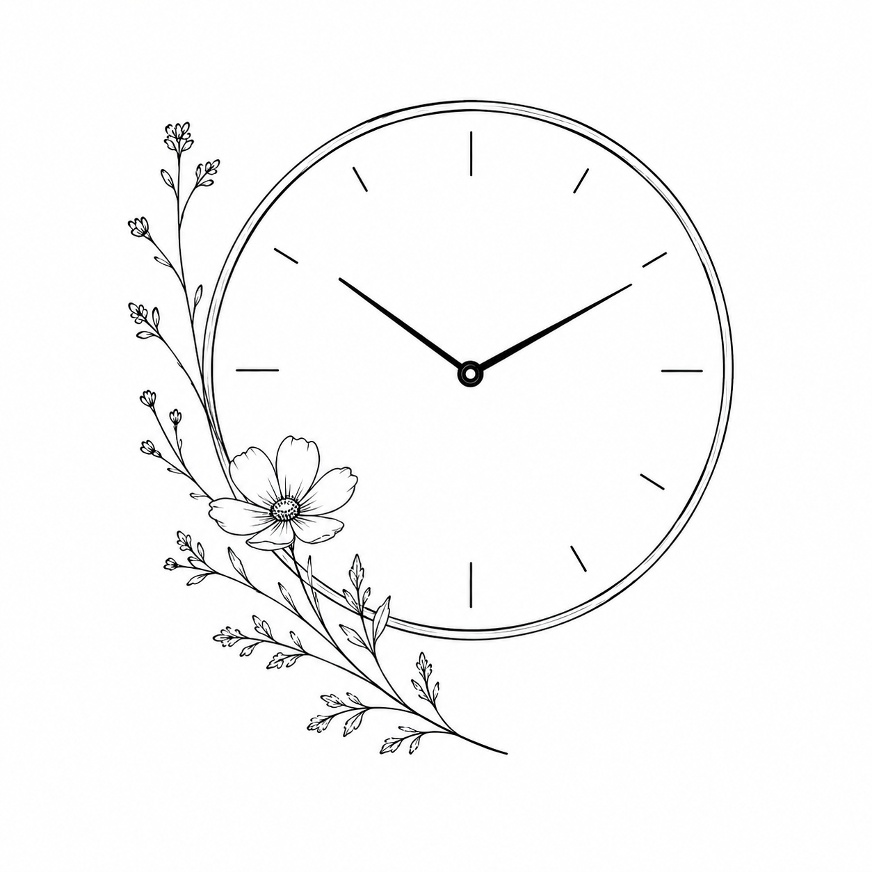 Black and white line drawing of a round wall clock with floral decoration on the left side.
