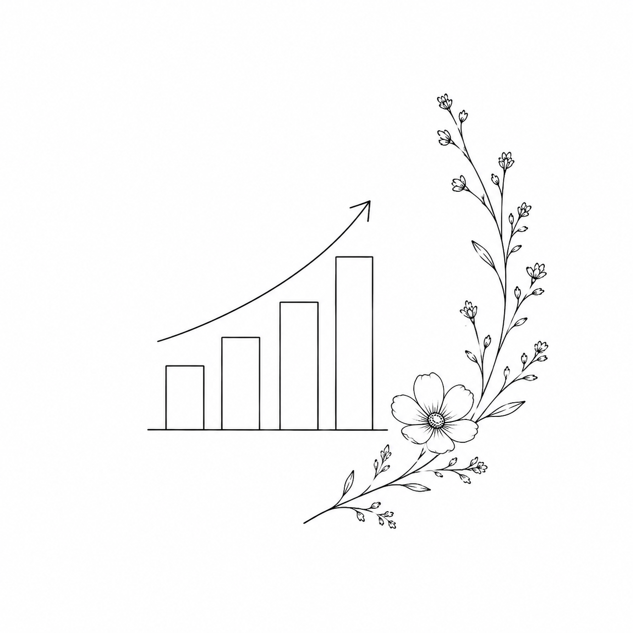 Black and white line drawing of a bar graph with increasing bars and an upward arrow, decorated with flowers, leaves, and small buds on the right side.