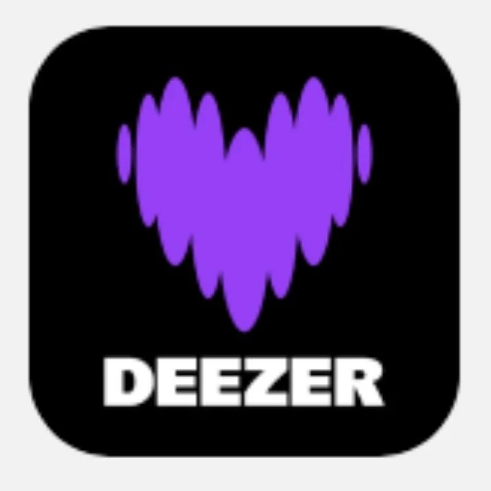 Deezer app icon featuring a purple heart-shaped sound wave on a black background with the word 'DEEZER' in white capital letters.