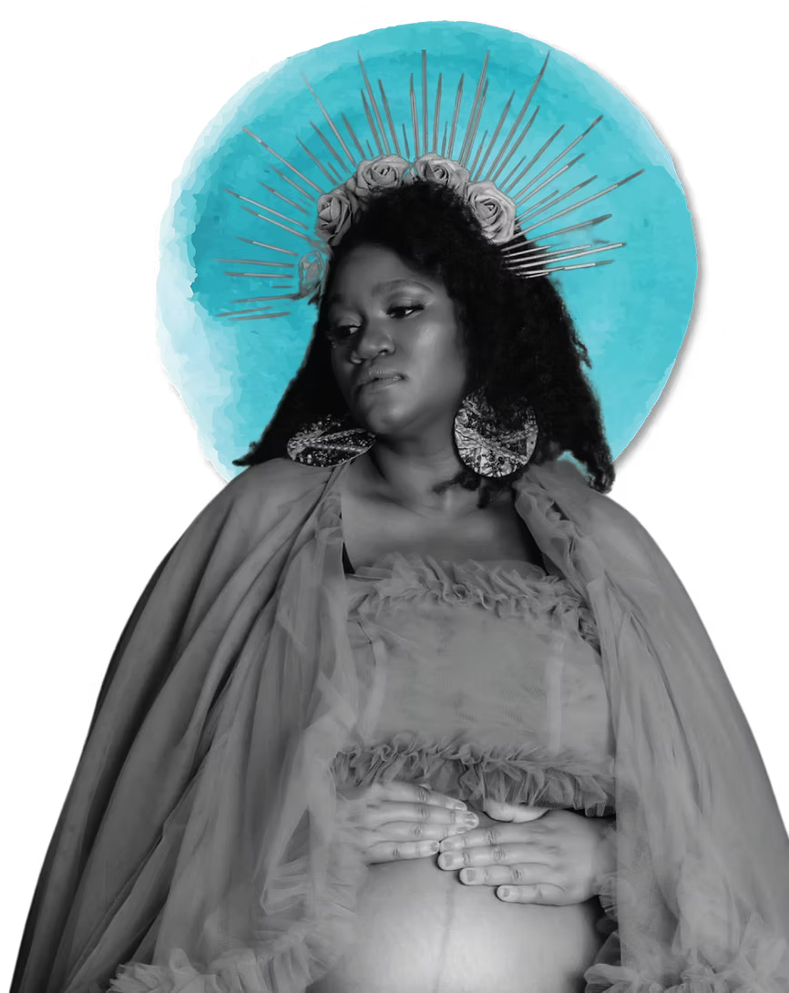 A woman with dark curly hair, wearing large earrings and a flowing cape, stands with her hands on her stomach. She has a solemn expression and is adorned with a crown-like halo with roses and radiating lines, set against a blue circular background.