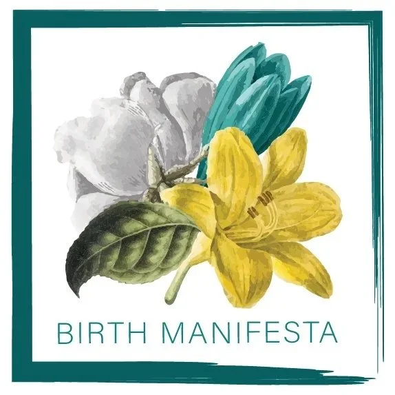 Graphic of white, green, and yellow flowers with the text "BIRTH MANIFESTA" beneath