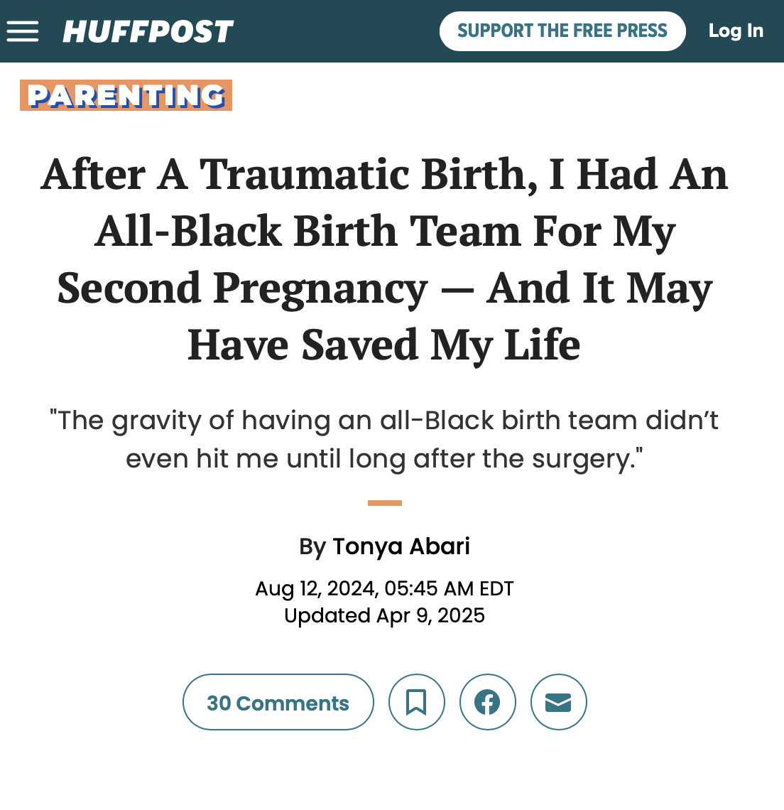 Screenshot of a HuffPost article titled "After A Traumatic Birth, I Had An All-Black Birth Team For My Second Pregnancy — And It May Have Saved My Life" by Tonya Abari, dated August 12, 2024, with comments and sharing options at the bottom.