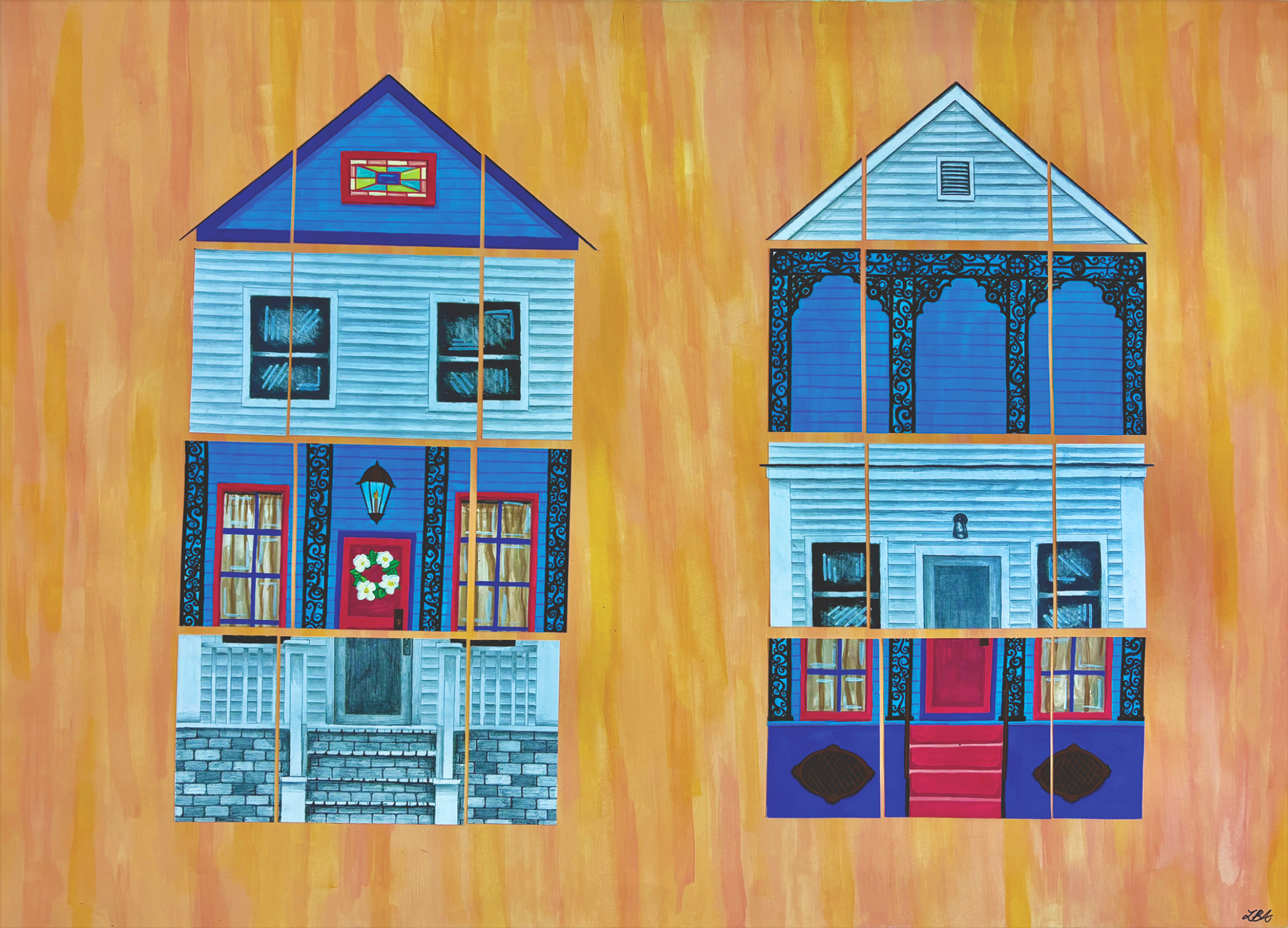 This work depicts the historical architectural erasure of New Orleans homes. Two distinct houses are cut and collaged to create new architectural forms. Color is used to highlight the classic New Orleans architecture while a colorless house works to 