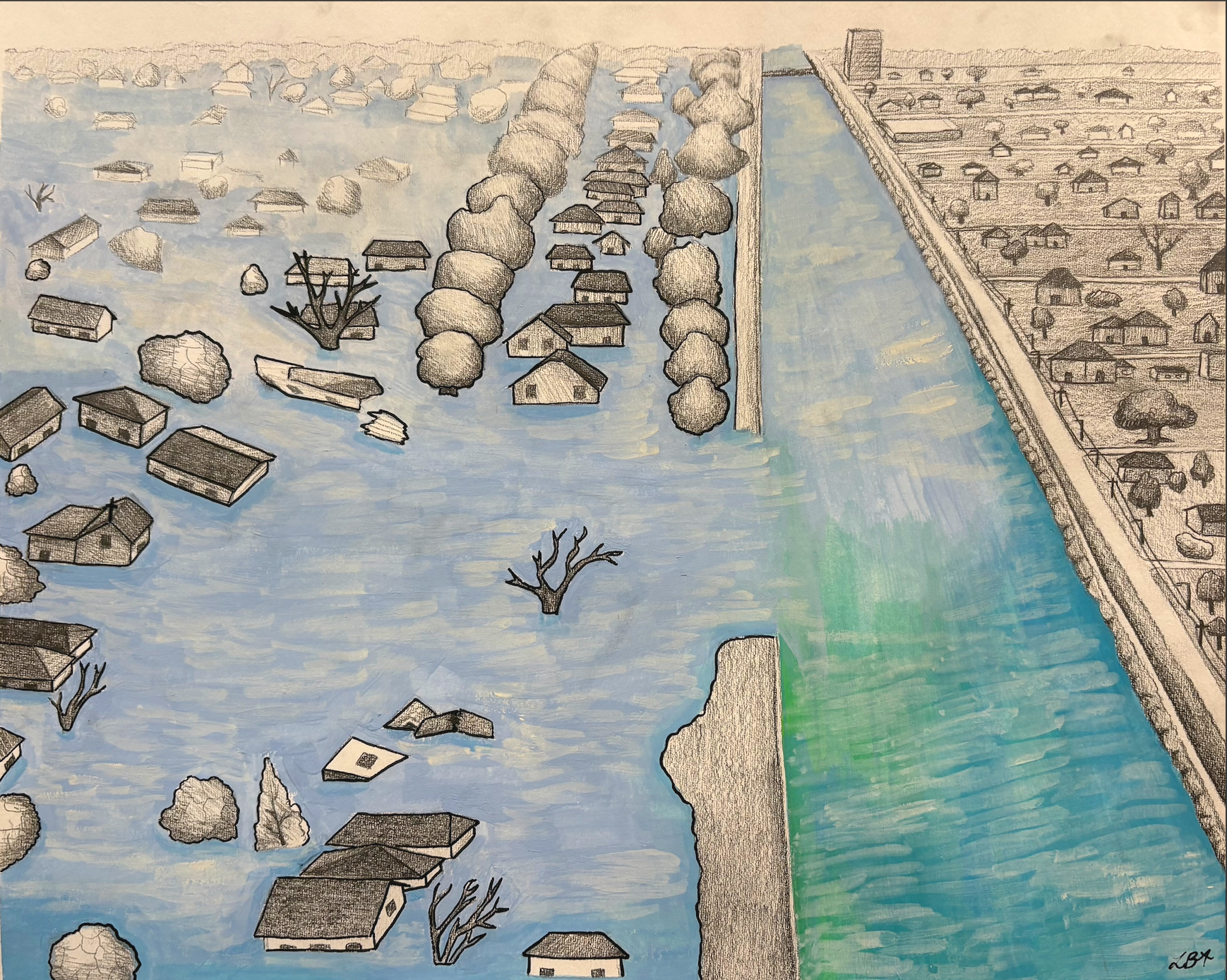 This work depicts the levees breaking during Hurricane Katrina. The 17th Street Canal breached for numerous reasons, including the storm surge, poor construction of the levees, and engineering failures. These failures were expected prior to the storm