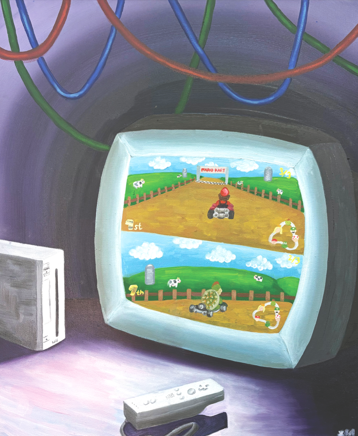 A memory of playing on a Wii with my brother in the summer of 2010. Part 1 of a diptych.
c. 2025, 20" x 24", oil on canvas