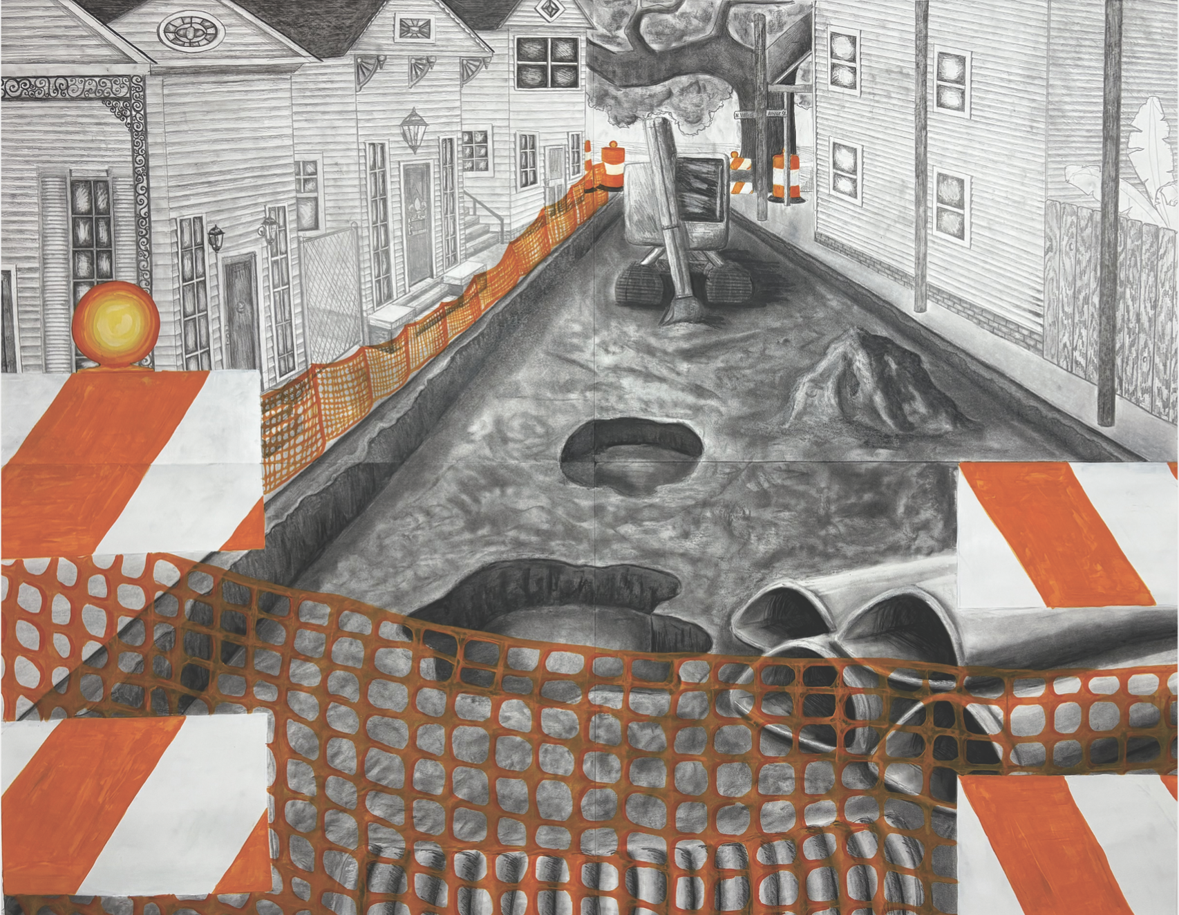 This work depicts the consistently frustrating road construction in New Orleans. Construction typically lasts several months to multiple years, leaving residents to accept that their roads and sidewalks will be unavailable for an extended amount of t